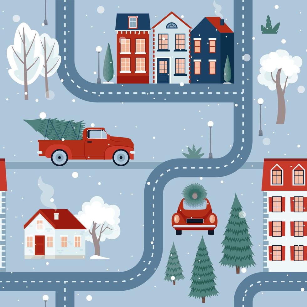 Cute children's seamless pattern of eve Christmas city with houses, cars, trees and street lights. Vector illustration in flat scandinavian style