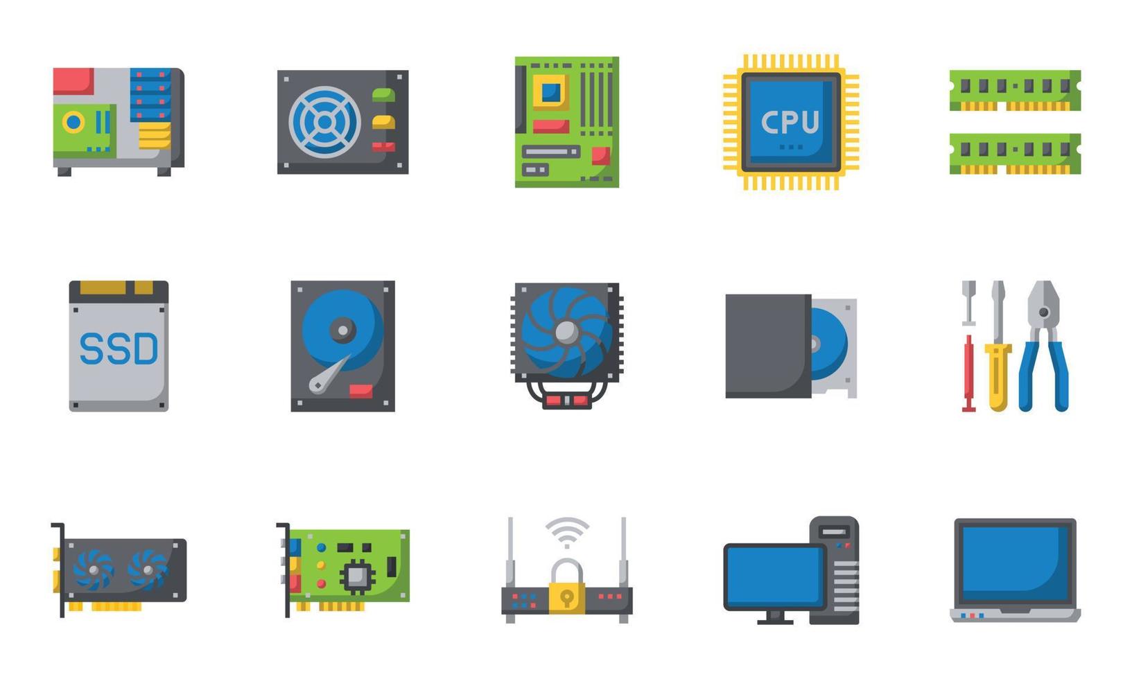 Computer Hardware Icons  Flat Color, motherboard, cpu chip, case computer, vector