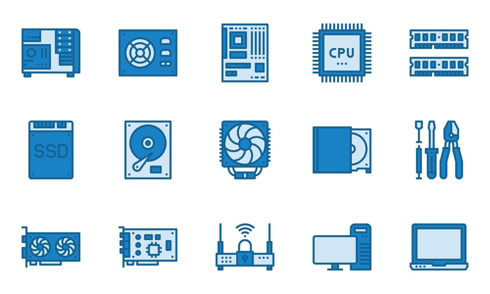 Computer Hardware Icons Blue Color, motherboard, cpu chip, case computer, vector