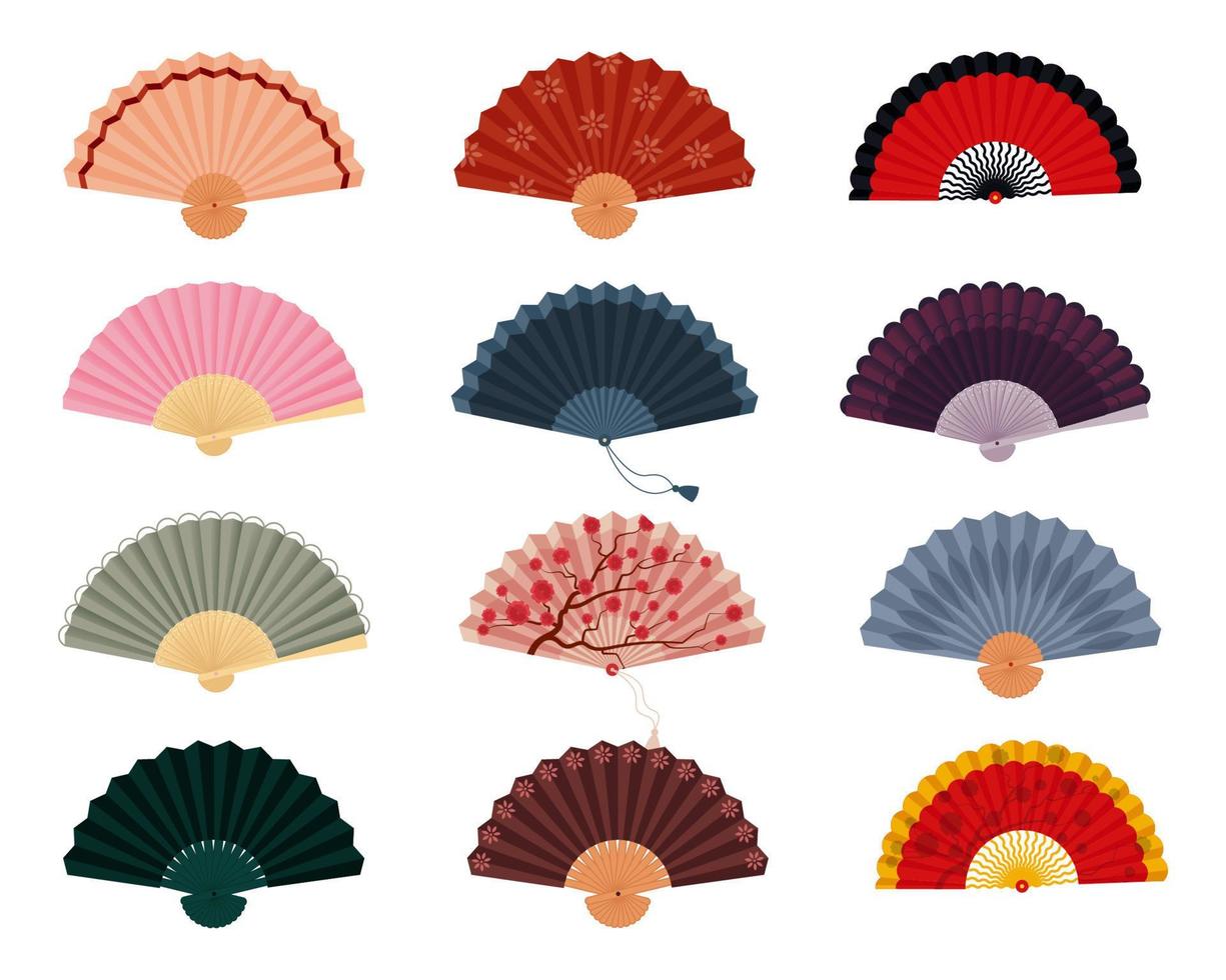 Hand fan set. Japanese, Spanish and Chinese style on fan. Vector isolated illustration on white background