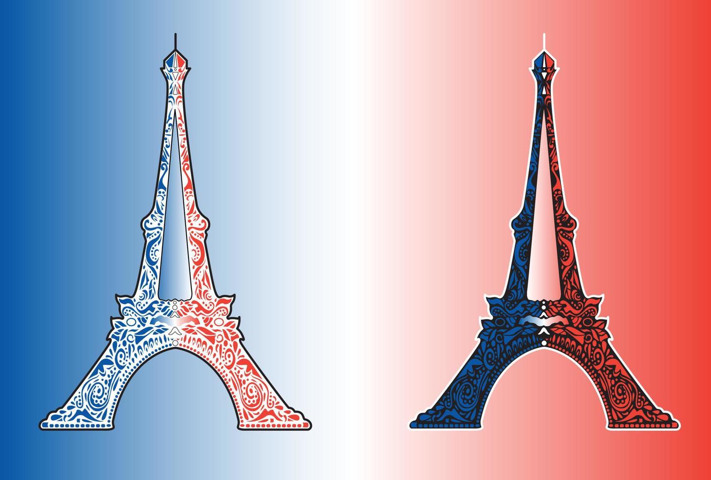 Dos icono batik de la torre Eiffel en el fondo de color de la bandera francesa vector