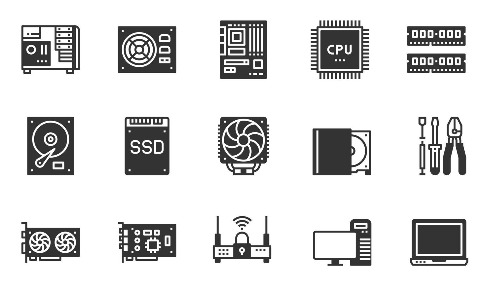 iconos de hardware de computadora, placa base, chip de cpu, caja de computadora, vector