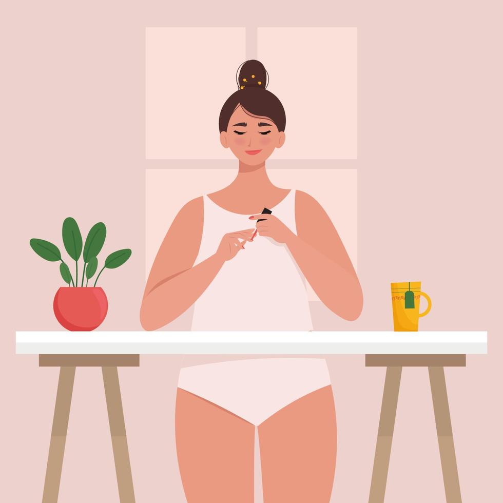 Woman paints her nails at home. Self care concept. Cute vector illustration in flat style