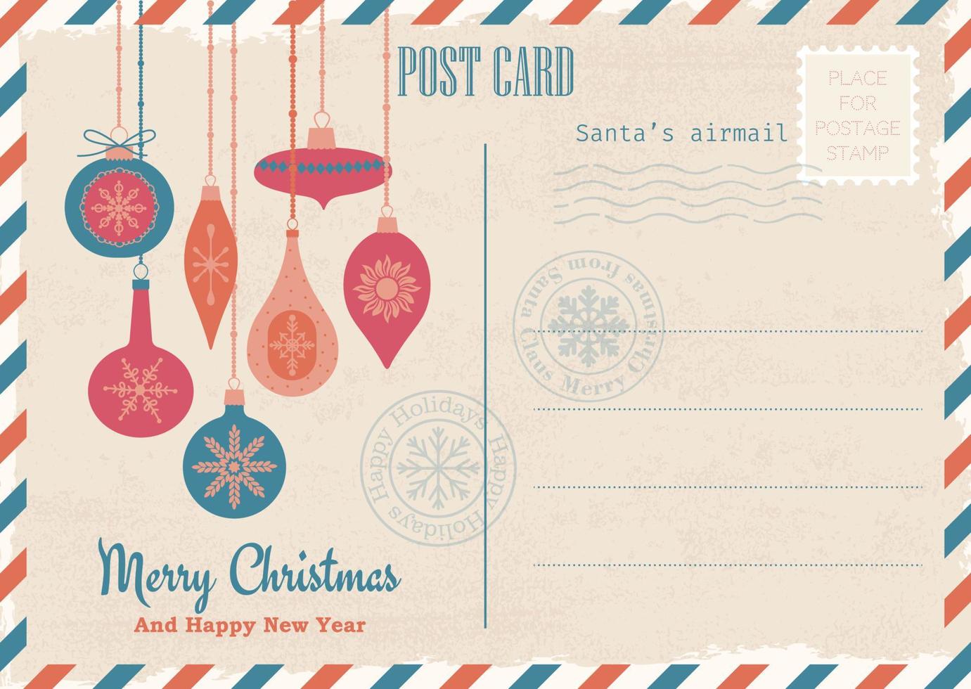 Vintage Christmas and New Year invitation postcard. Christmas mail. Vector template