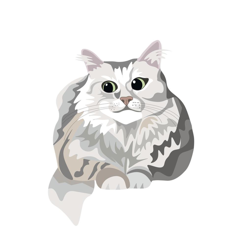 A gray cat with green eyes is drawn in realism, image graphics vector