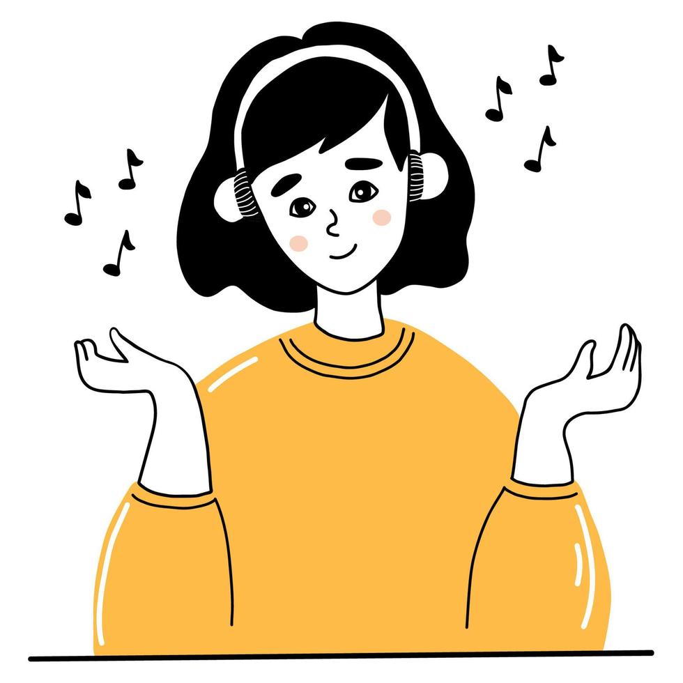 linda chica en auriculares escucha música. ilustración vectorial en estilo doodle dibujado a mano. concepto de podcast y hobby. personaje para decoración temática, diseño, postales e impresión vector