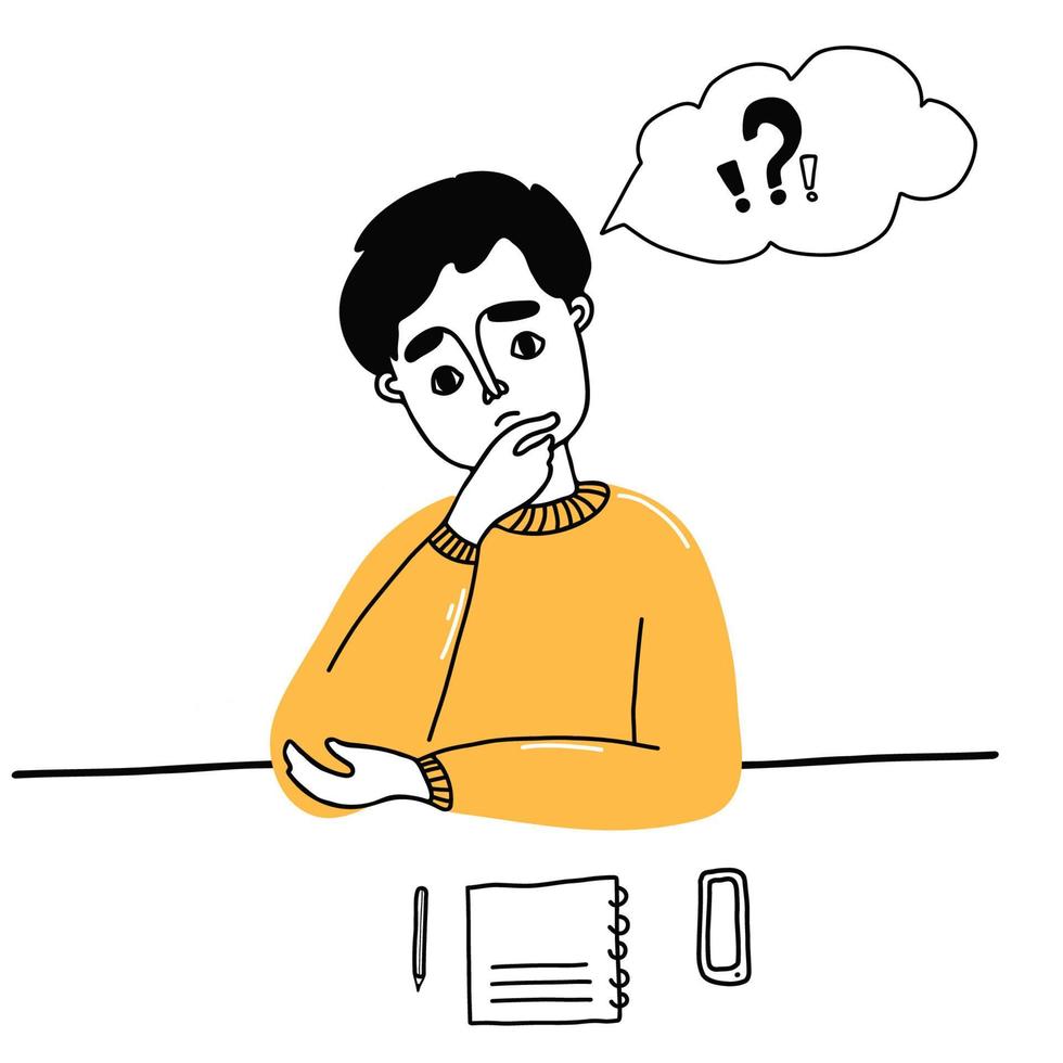Portrait of young thoughtful man. Pensive or thinking cute boy surrounded by thought bubbles with interrogation points. vector illustration. Character for design. isolated on white background