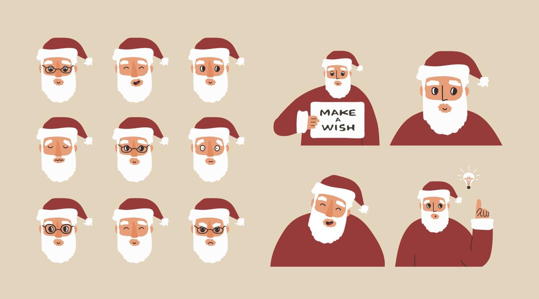 Set of Santa Claus emotions, avatars. Hand drawn vector illustrations isolated on beige background. New idea, board with text, laughter, laugh concepts