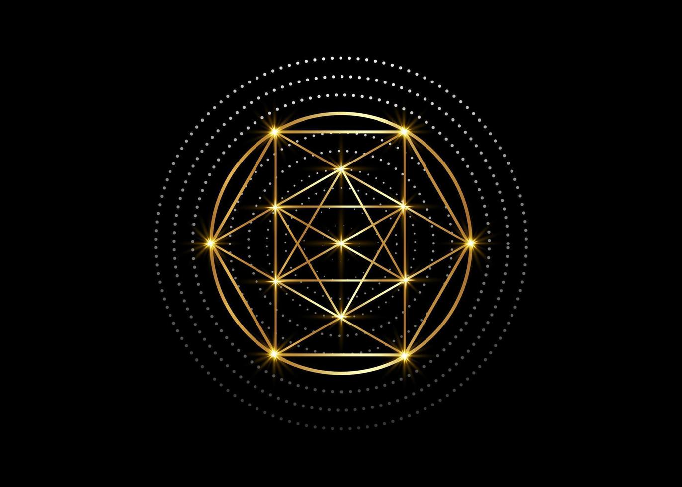 símbolos de alquimia mágica de oro, geometría sagrada. religión, filosofía, espiritualidad, concepto de ocultismo. triángulo lineal con líneas y círculos superpuestos, logotipo de vector de impresión aislado sobre fondo negro