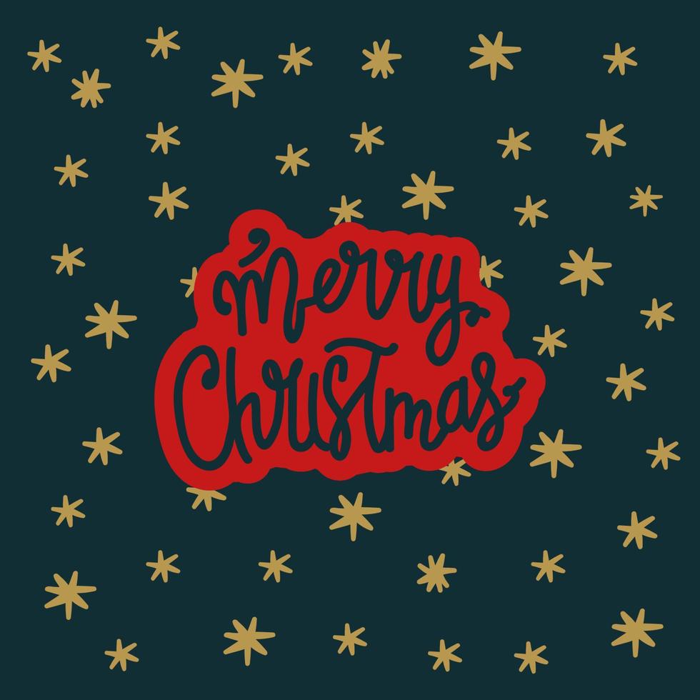 una postal con estrellas doradas. tarjeta de navidad con fondo de doodle. feliz navidad rojo en el cielo oscuro con estrellas doradas. linda tarjeta de regalo para unas vacaciones. ilustración vectorial vector