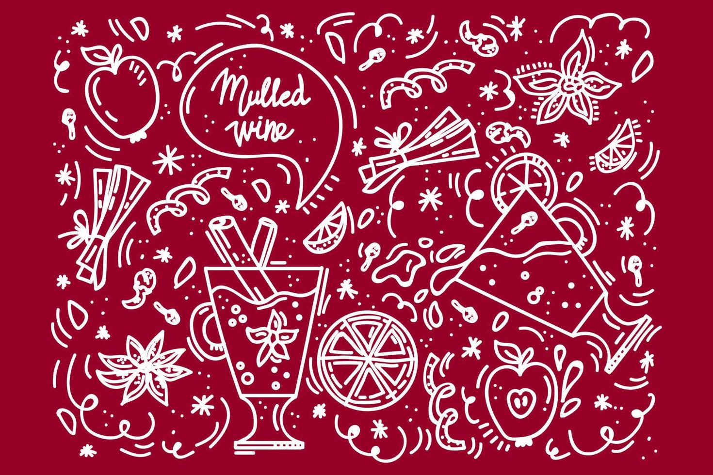 Background with hot mulled wine drink. Doodle Pattern Hot Wine with spices and zest. Vector linear illustration for the menu of a cozy restaurant. Vector illustration