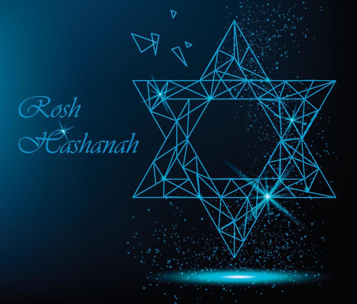 tarjeta de felicitación de rosh hashaná con estrella poligonal amarilla de david y puntos dorados. vector ilustración brillante para el año nuevo judío