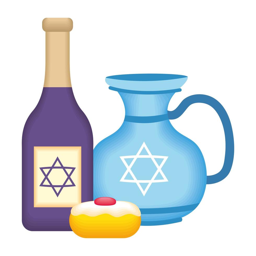 Tarro de tetera feliz Hanukkah con botella de vino y cupcake vector