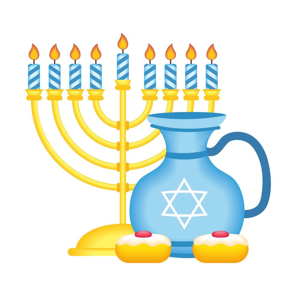 Tarro de tetera feliz Hanukkah con candelabro y cupcakes vector