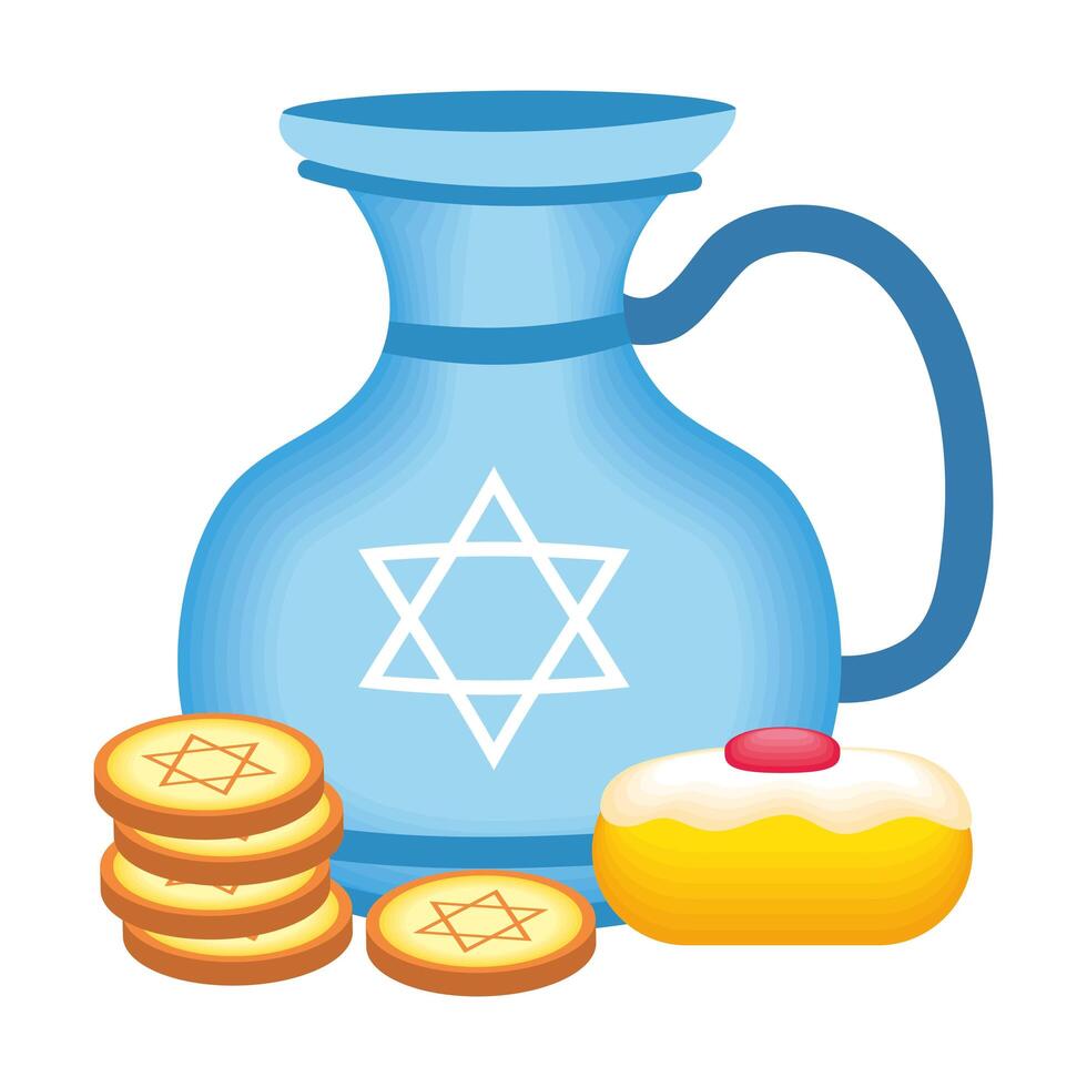 happy hanukkah teapot jar with sweet cupcake and coins vector