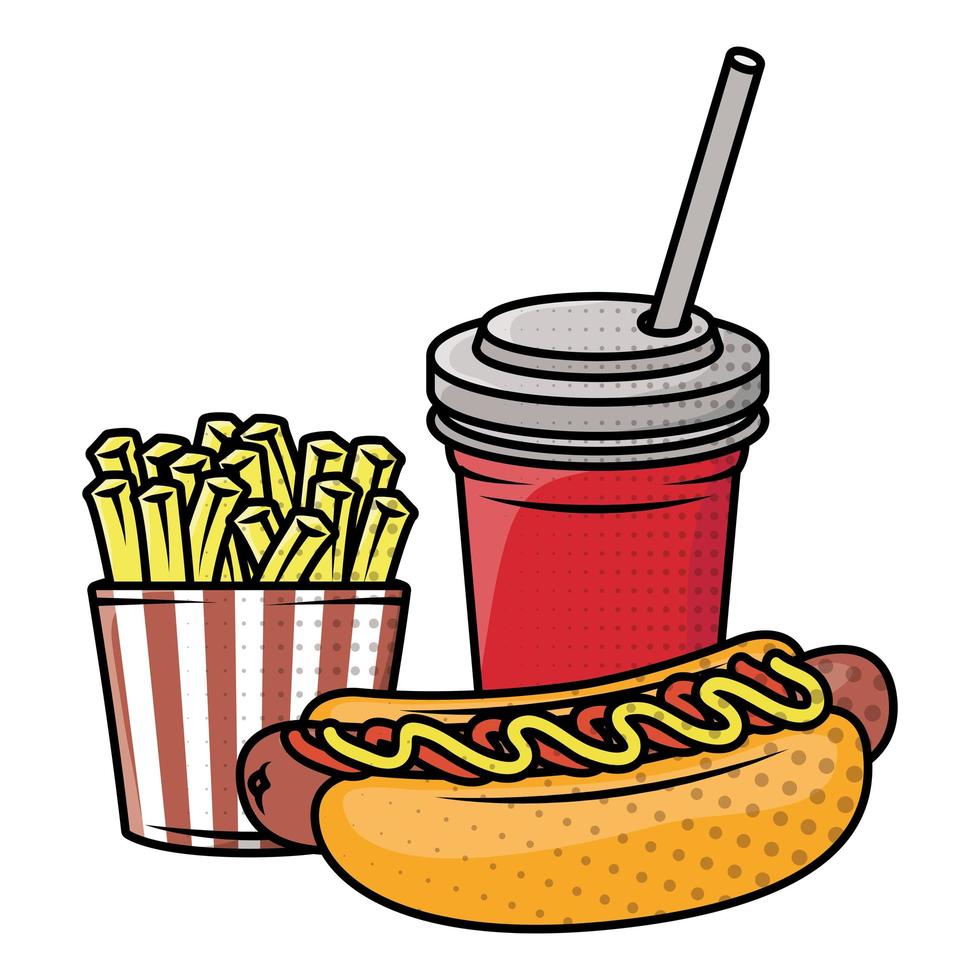 delicious hot dog with soda and french fries vector