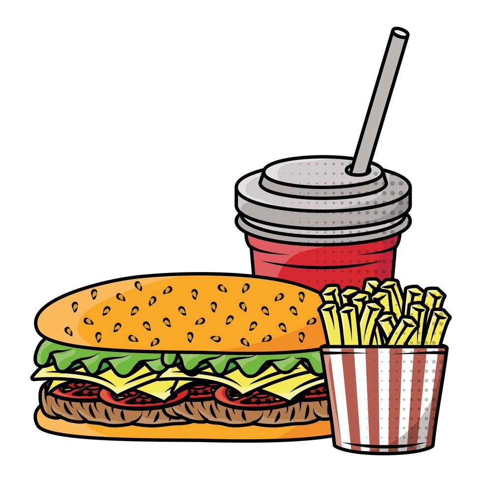 delicious burger with soda and french fries vector