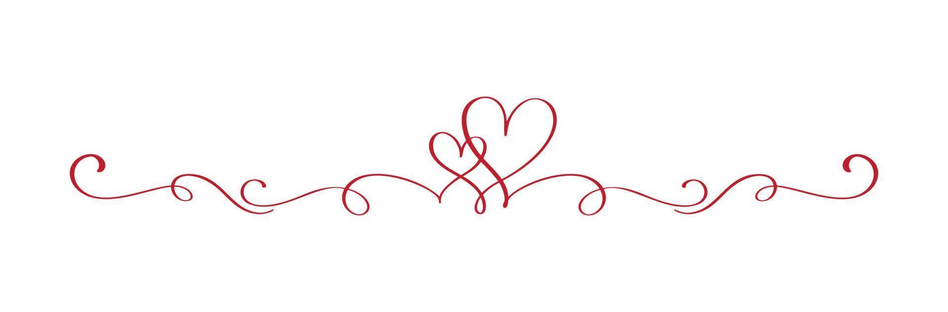 rojo vintage florecer vector divisor día de san valentín dibujado a mano negro dos corazones caligráficos. Ilustración de vacaciones de caligrafía. elemento de diseño de San Valentín. icono de amor decoración para web, boda