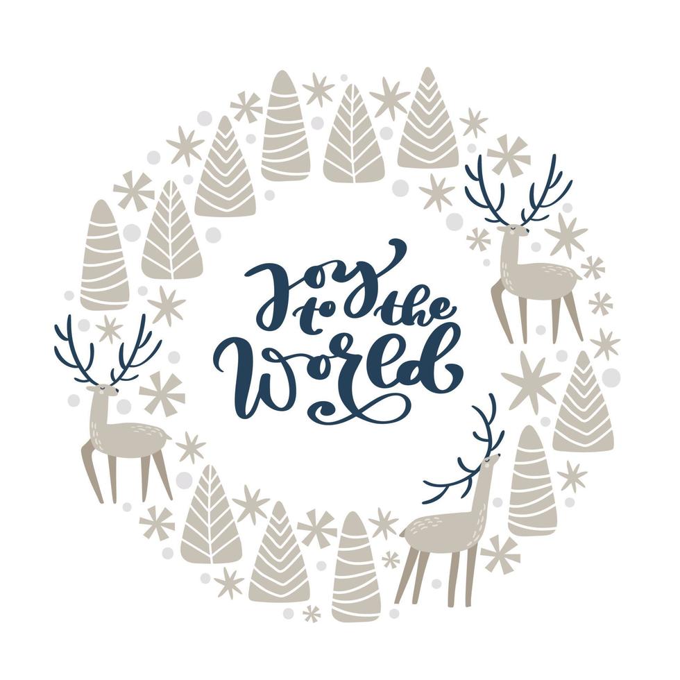 Merry Christmas vector lettering hand drawn text joy to the world and round form xmas doodle scandinavian elements deer, tree. Composition for winter holiday greeting card