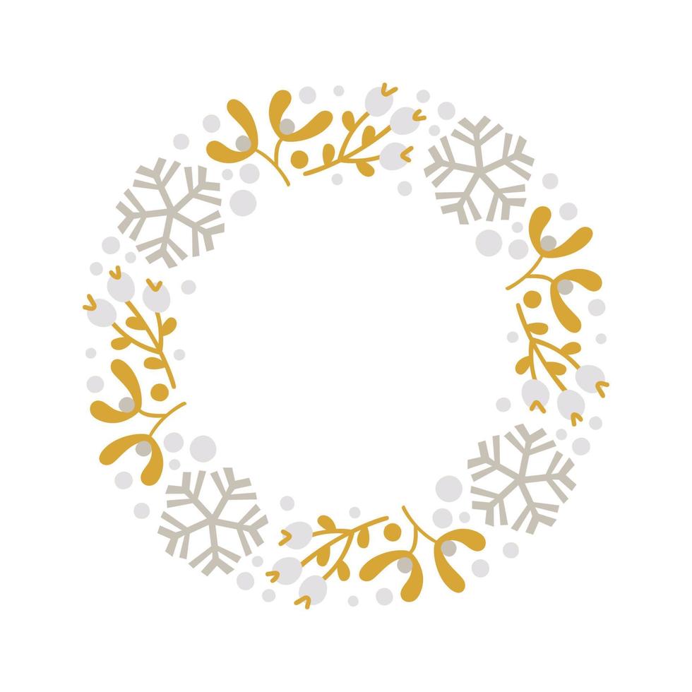 Christmas doodle hand drawn vector wreath floral branch and snowflakes frame for text decoration. Cute Scandinavian style illustration