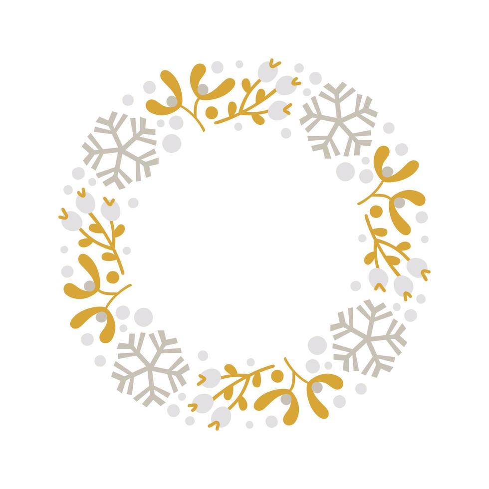 Christmas doodle hand drawn vector wreath floral branch and snowflakes frame for text decoration. Cute Scandinavian style illustration