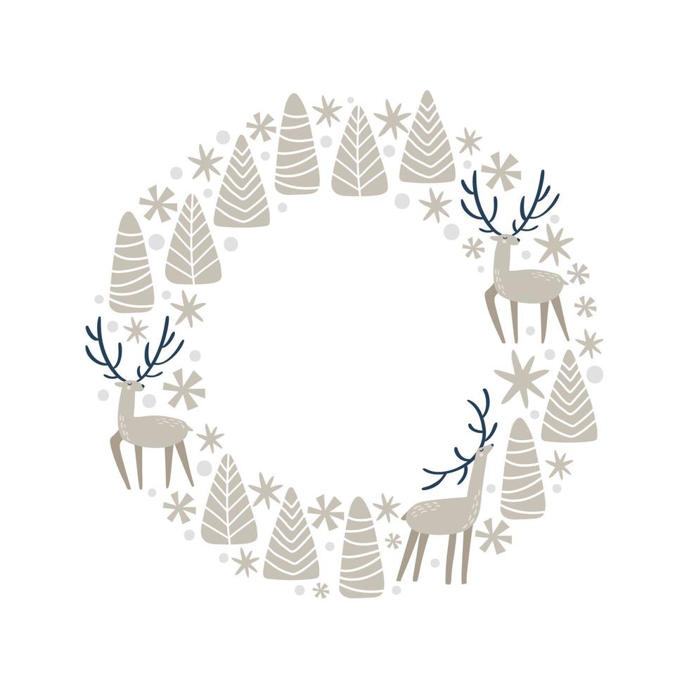 Christmas doodle hand drawn vector wreath snowflakes, fir tree and deer frame for text decoration. Cute holiday Scandinavian style illustration