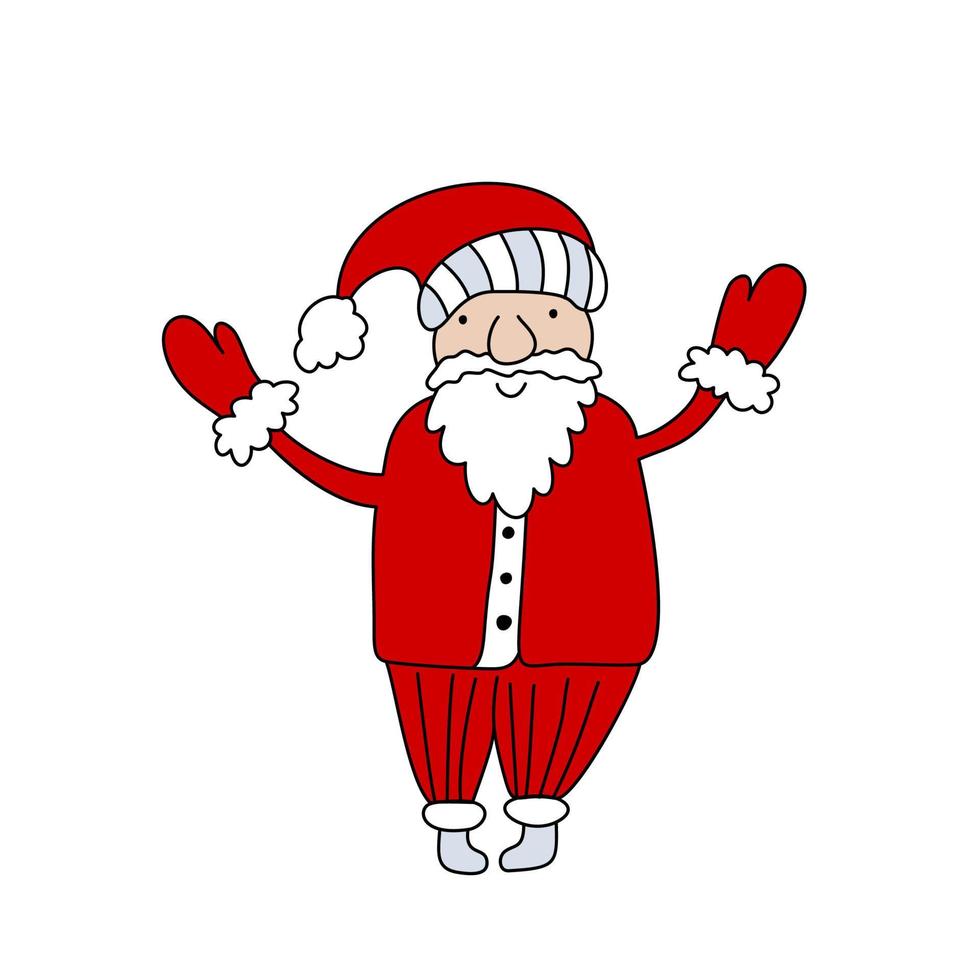 vector dibujado a mano santa claus con sombrero rojo y guantes. Divertida tarjeta de felicitación de ilustración de tiempo de Navidad feliz aislado sobre fondo blanco.
