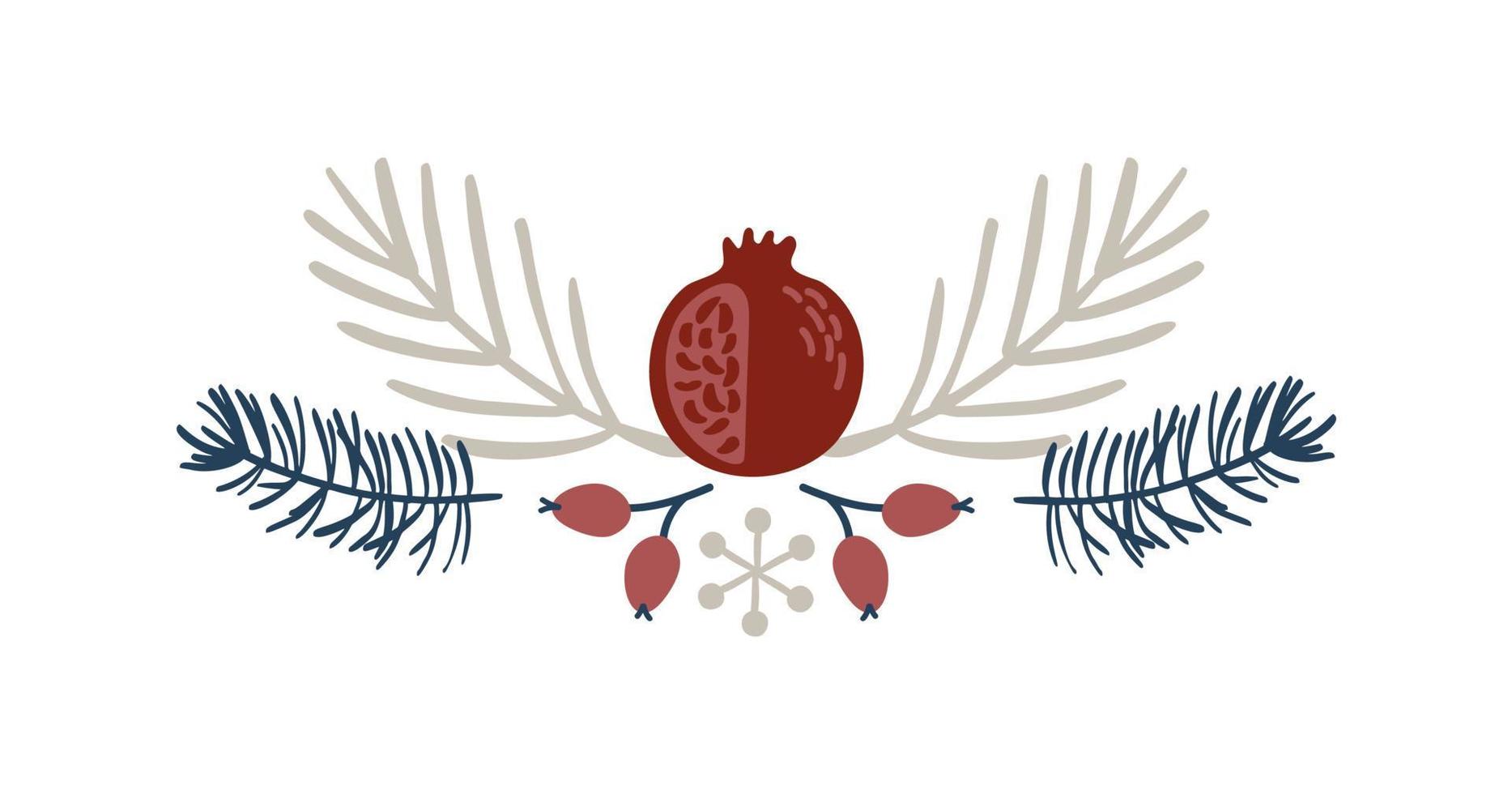 rama de navidad dibujada a mano y divisor de borde de vector granate. elementos de diseño decoración corona y símbolo de vacaciones con flores y bayas ramas escandinavas