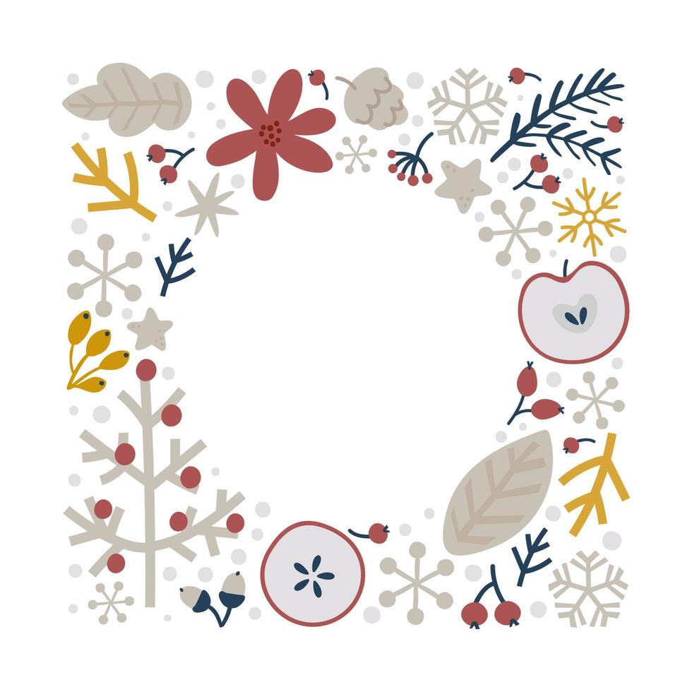 Navidad doodle marco cuadrado floral de vector dibujado a mano con ramas y copos de nieve para decoración de texto. linda ilustración de estilo escandinavo de vacaciones