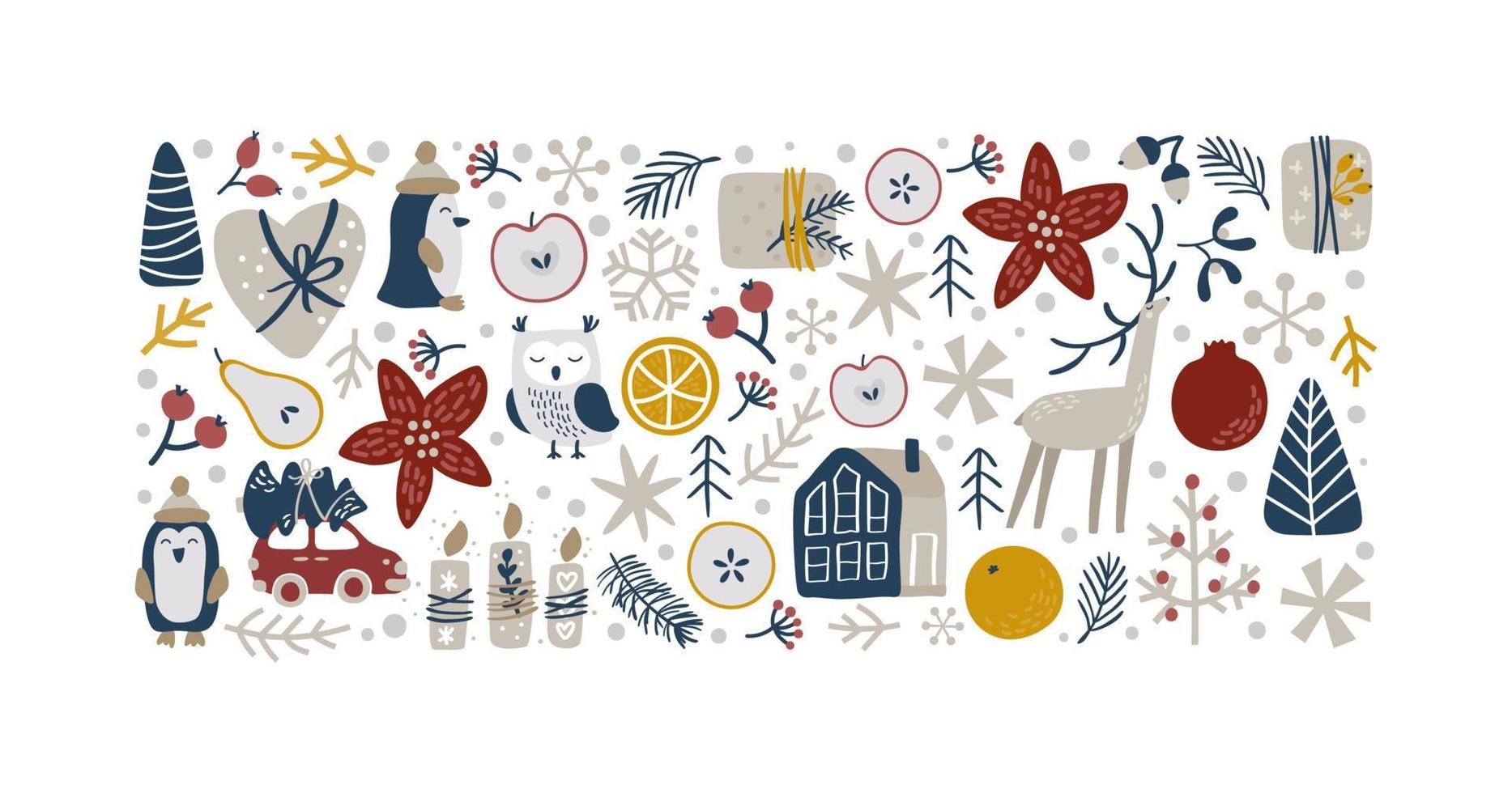 vector de navidad dibujado a mano forma de rectángulo xmas doodle elementos escandinavos casa, ciervo, copo de nieve, naranja y otros. composición para tarjeta de felicitación de vacaciones de invierno