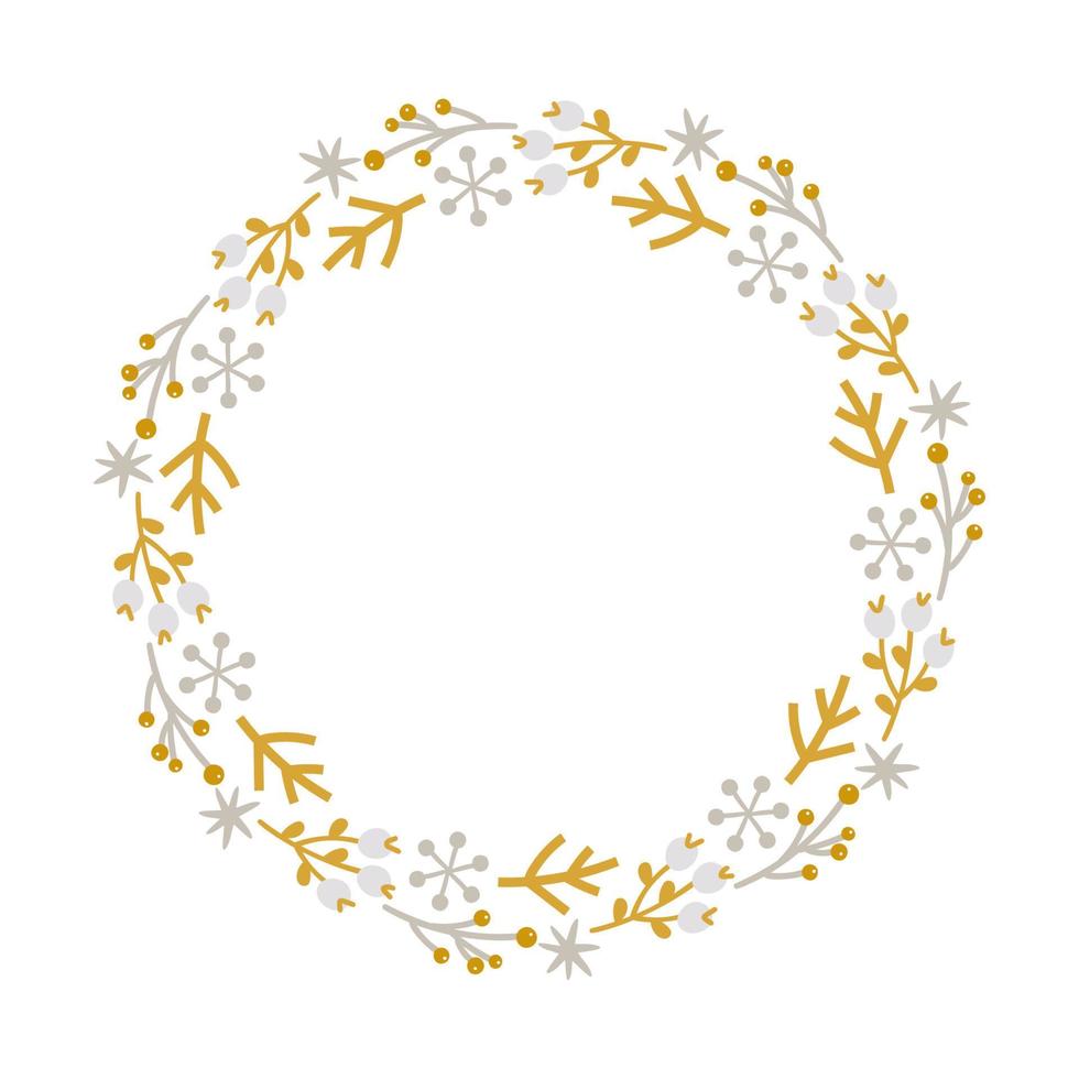 Christmas doodle hand drawn vector wreath floral branch and snowflakes frame for text decoration. Cute holiday Scandinavian style illustration