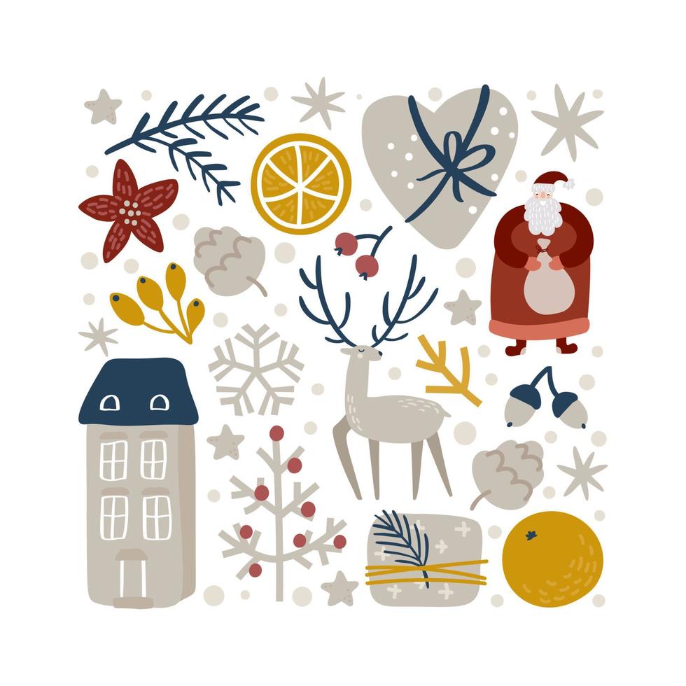 Christmas vector hand drawn square form xmas doodle scandinavian elements house, deer, snowflake, orange and other. Composition for winter holiday greeting card