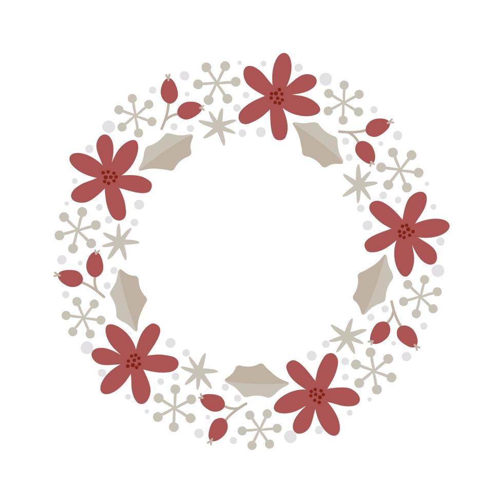 Christmas doodle hand drawn vector wreath floral branch, leaves and snowflakes frame for text decoration. Cute holiday Scandinavian style illustration