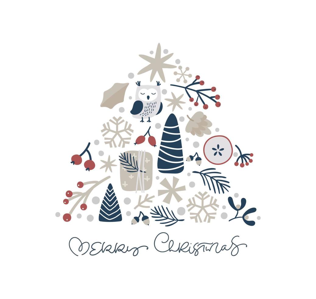 Navidad vector dibujado a mano abeto forma xmas doodle elementos escandinavos regalo, búho, copo de nieve. feliz navidad texto. composición para tarjeta de felicitación de vacaciones de invierno