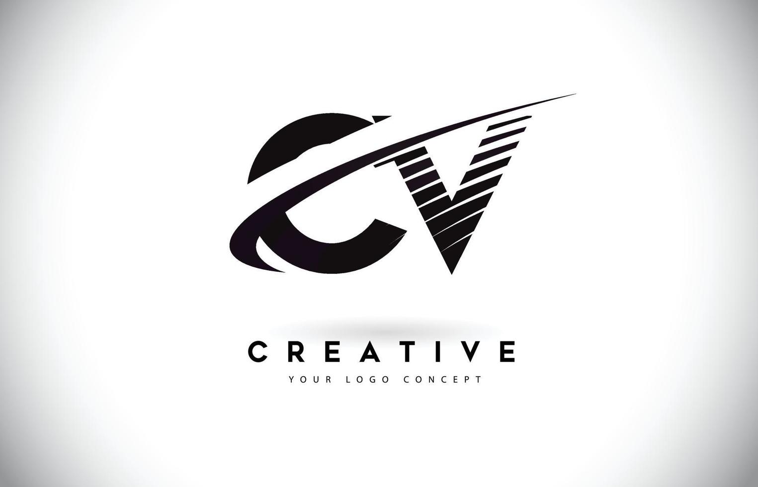 Diseño de logotipo cv cv carta con swoosh y líneas negras. vector