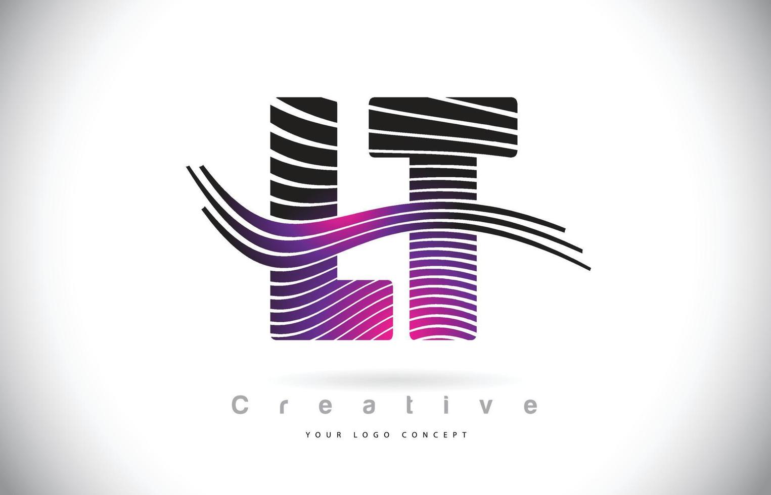 LT L T Zebra Texture Letter Logo Design With Creative Lines and Swosh in Purple Magenta Color. vector