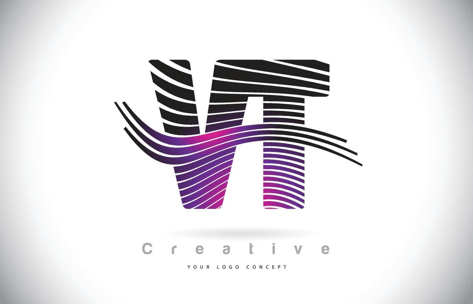 Diseño de logotipo de letra de textura de cebra vt vt con líneas creativas y swosh en color morado magenta. vector