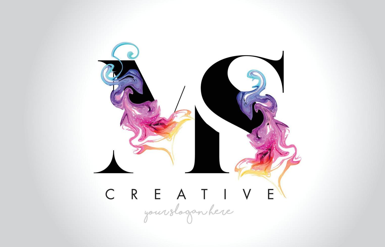 MS vibrante diseño de logotipo de carta creativa con vector de flujo de tinta de humo colorido
