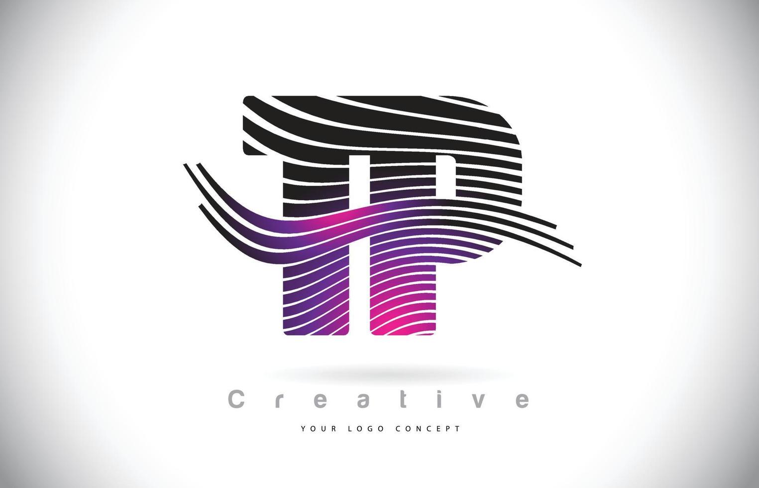 TP T P Zebra Texture Letter Logo Design With Creative Lines and Swosh in Purple Magenta Color. vector