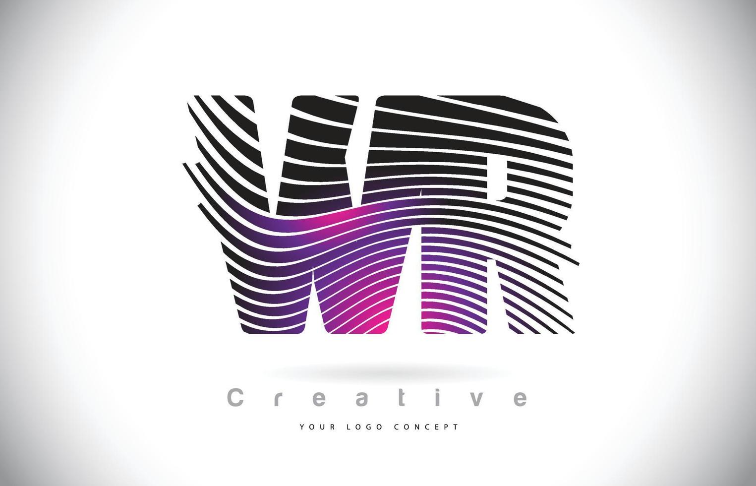 Wr wr diseño de logotipo de letra de textura de cebra con líneas creativas y swosh en color morado magenta. vector