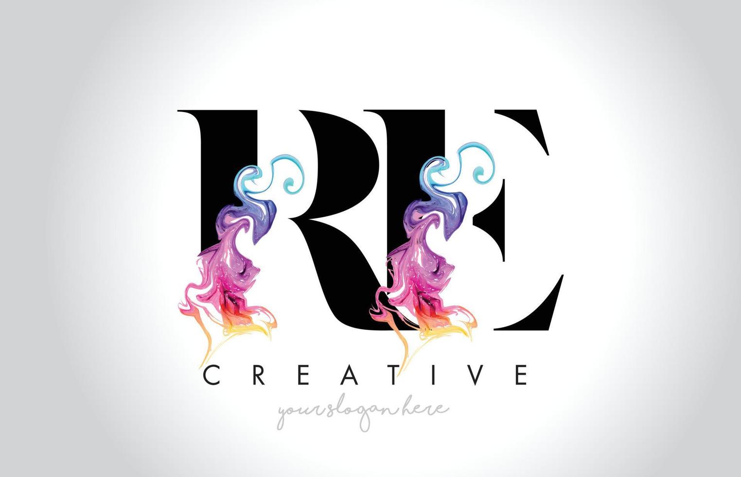 RE Vibrant Creative Leter Logo Design with Colorful Smoke Ink Flowing Vector