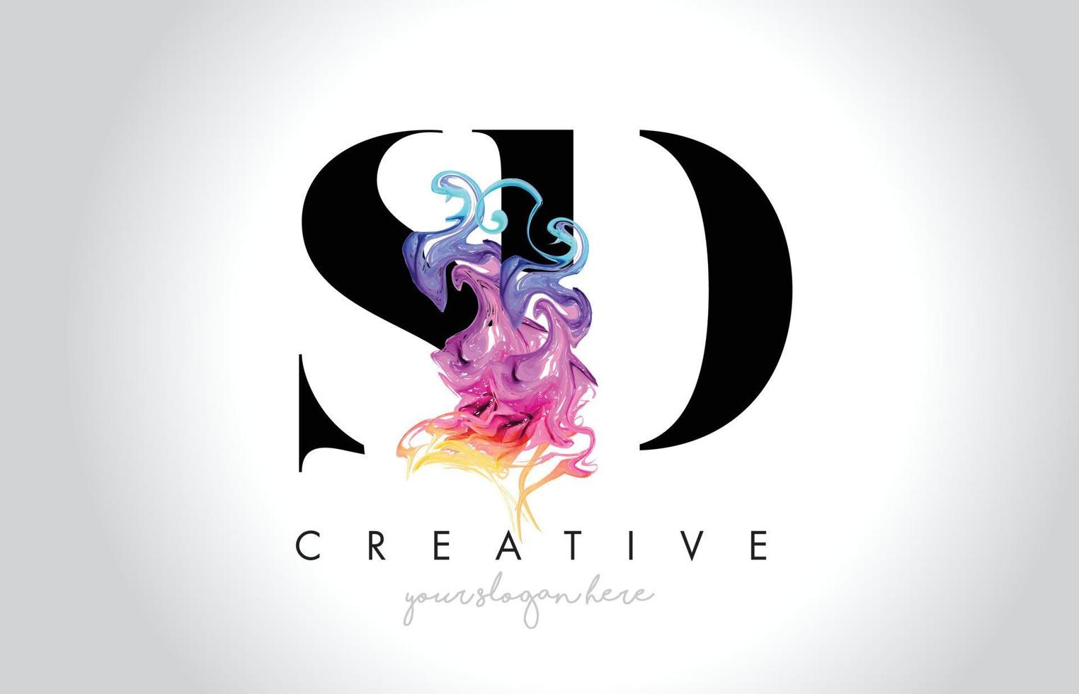 Diseño de logotipo de carta creativa vibrante sd con vector de flujo de tinta de humo colorido