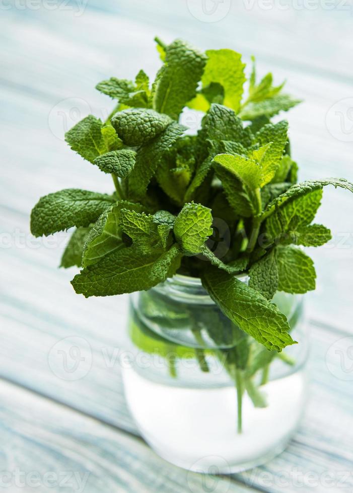 Fresh mint leaves in a small glass jar photo