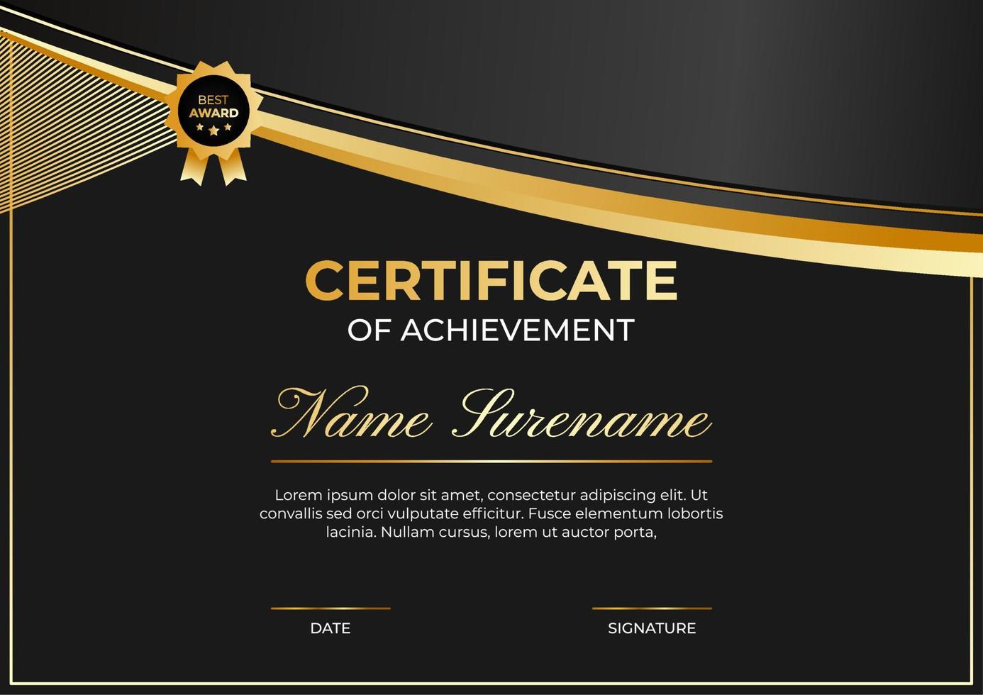 Certificate of achievement template with black, white and gold color. Trendy certificate design vector