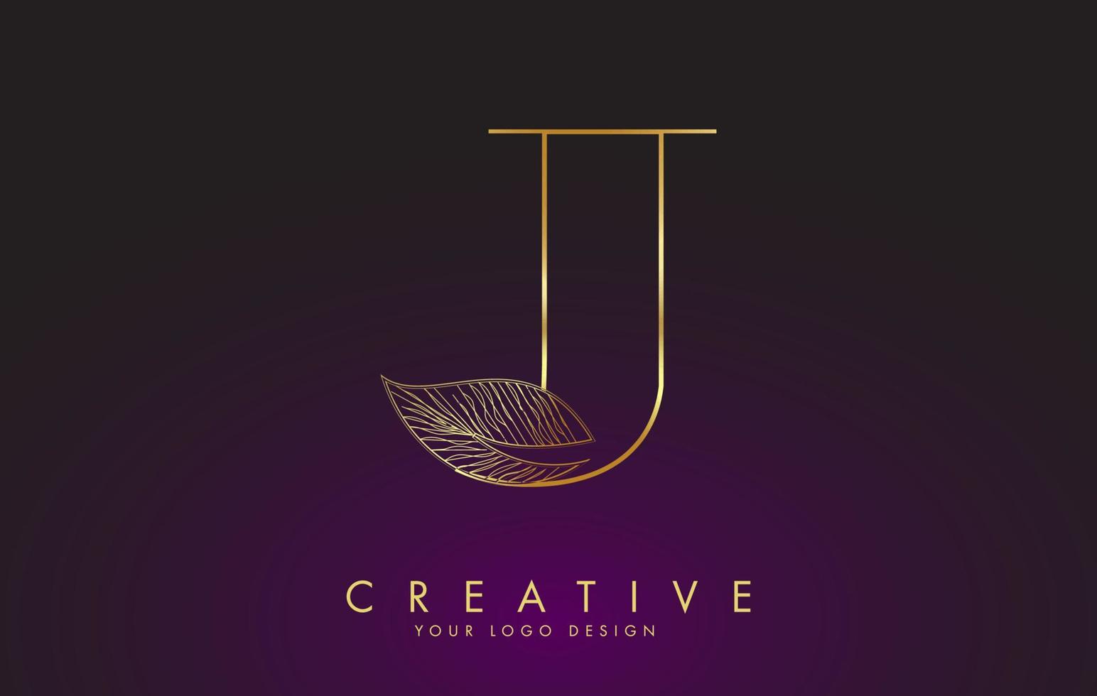 Outline Golden Letter J Logo icon with Wired Leaf Concept Design. vector