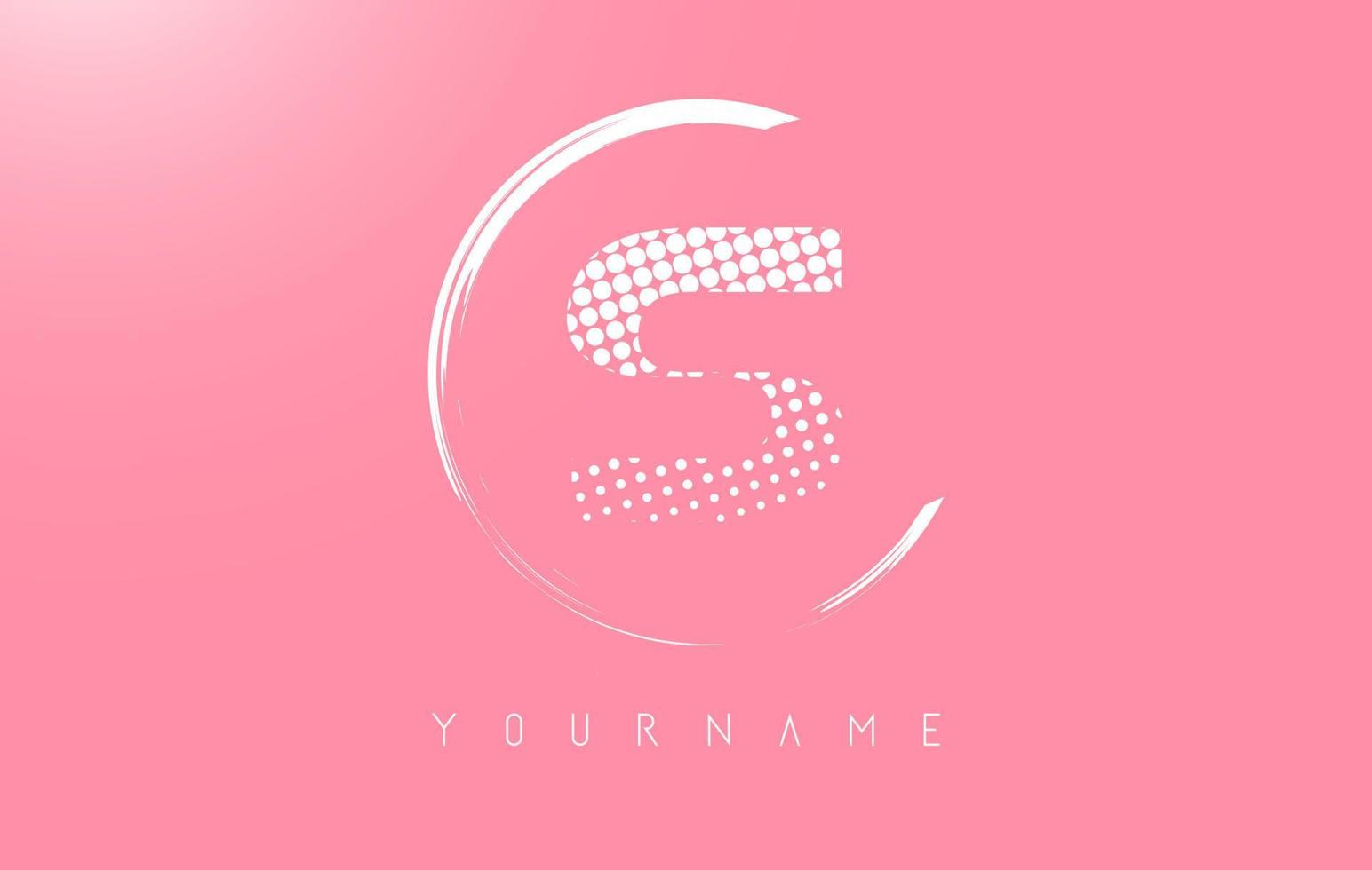 White S letter logo design with white dots and white circle frame on pink background. vector