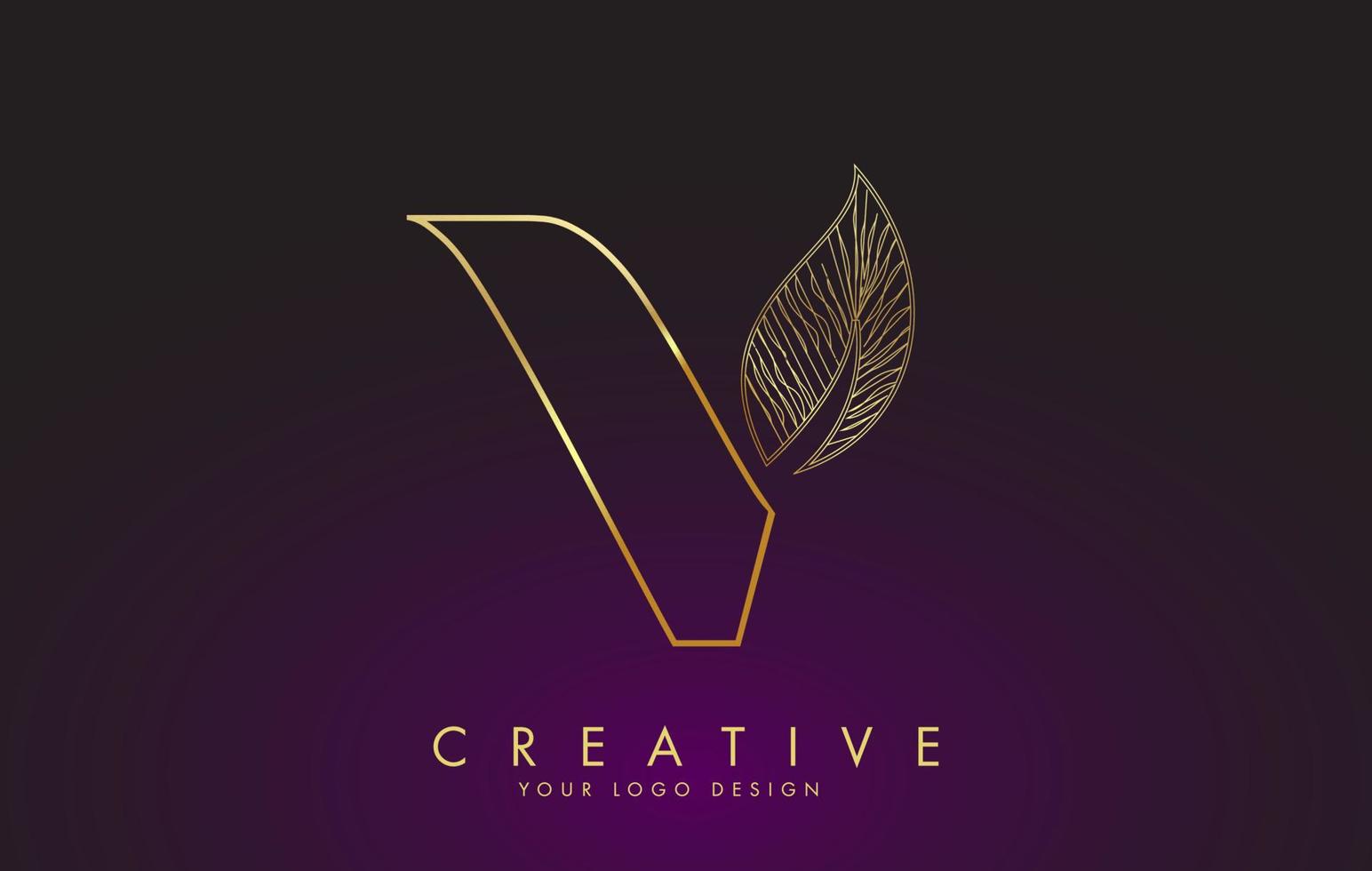 Outline Golden Letter V Logo icon with Wired Leaf Concept Design. vector