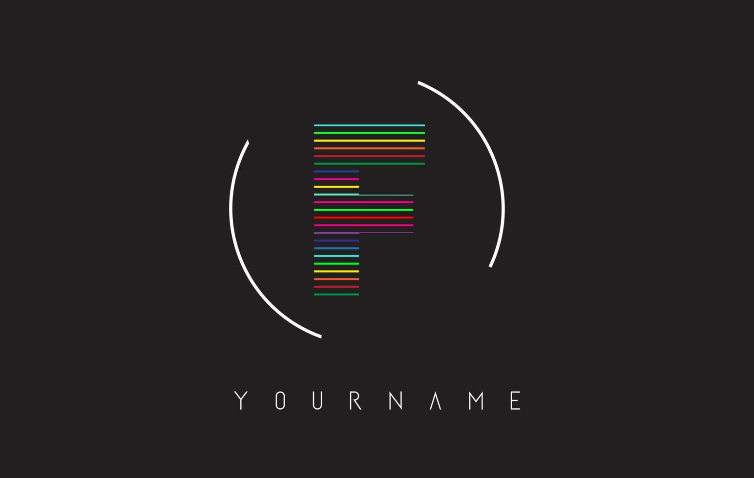 F Letter logo design with bright and bold rainbow lines and rounded frame. vector