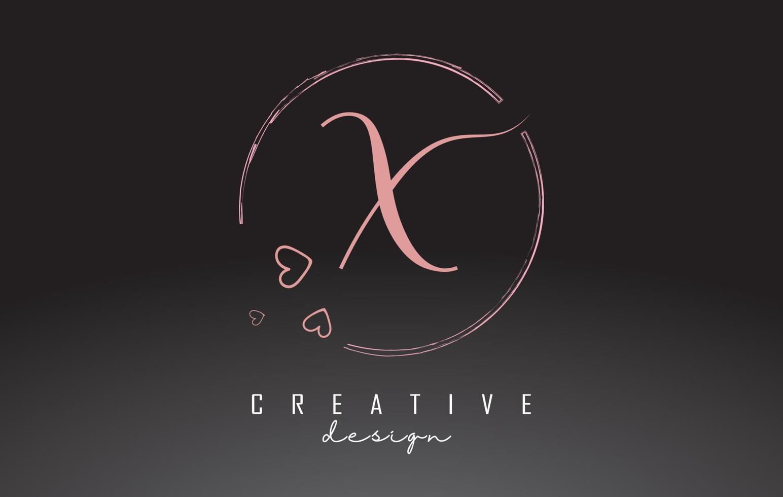 Diseño de logotipo de letra x manuscrita con anillo de acuarela rosa polvo y corazones de contorno. vector