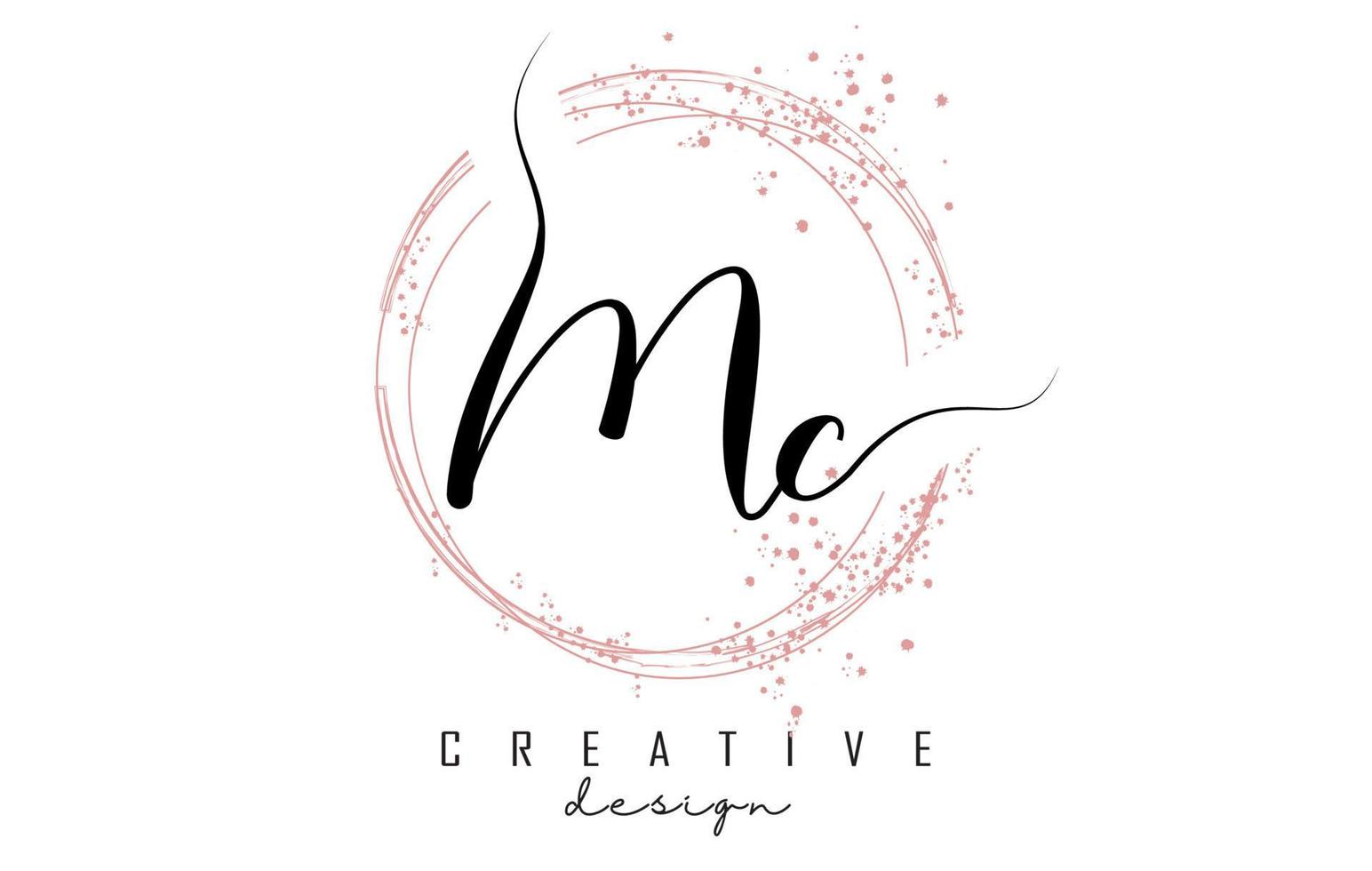 Handwritten MC M C letter logo with sparkling circles with pink glitter. vector